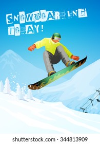  Snowboarder in jump and flight. Winter landscape