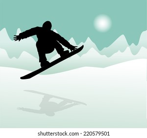 Snowboarder at jump in high mountains 