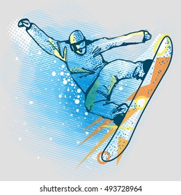 Snowboarder jump on graphics background