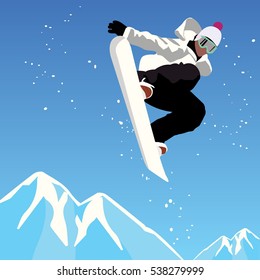 Snowboarder jumping against blue sky