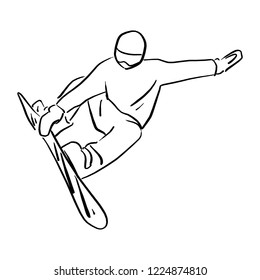 Snowboarder jumping in the air vector illustration sketch doodle hand drawn with black lines isolated on white background. Winter extreme sport.