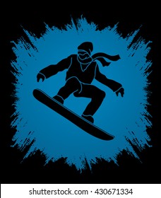 Snowboarder jumping designed on grunge frame background graphic vector.