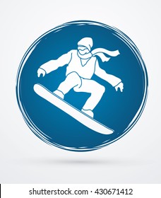 Snowboarder jumping designed on grunge circle background graphic vector.