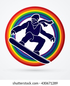 Snowboarder jumping designed on line rainbows background graphic vector.