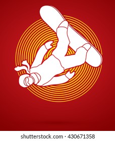 Snowboarder jumping designed on line circle background graphic vector.