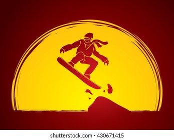 Snowboarder jumping designed on moonlight background graphic vector.