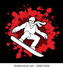 Snowboarder jumping designed on splash blood background graphic vector.