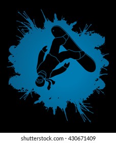 Snowboarder jumping designed on splatter ink graphic vector.