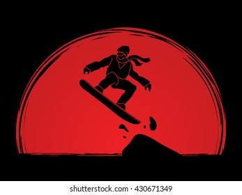 Snowboarder jumping designed on sunset background graphic vector.