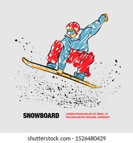 Snowboarder jumping with grab position. Vector outline of Snowboarder with scribble doodles.