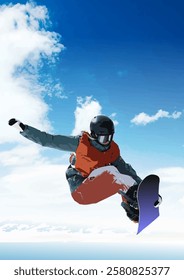 Snowboarder jumping high in the air performing a stunt with snowboard over snowy mountain peaks and blue sky