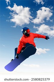 Snowboarder jumping high in the air performing a stunt with snowboard over snowy mountain peaks and blue sky