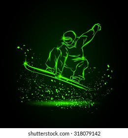 snowboarder jumping. Neon sports background