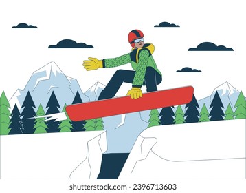 Snowboarder jumping on mountain slope line cartoon flat illustration. Black woman performing trick on snowboard 2D lineart character isolated on white background. Wintersport scene vector color image