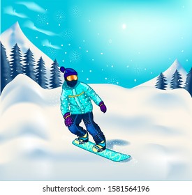 Snowboarder jumping on slope cartoon