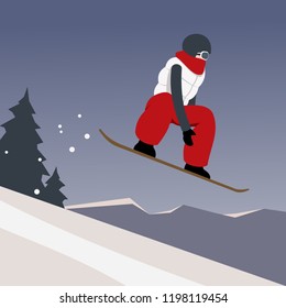 Snowboarder jumping on a snowboard against the backdrop of snow-capped mountains. Winter sports.