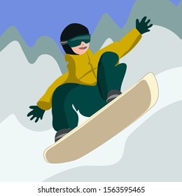 Snowboarder jumping and sliding down the snowy mountain slope. Hand drawn vector illustration in flat style. Isolated design elements