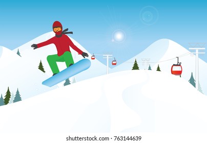 Snowboarder jumping through air against blue sky, Winter sport and recreation,winter holiday vacation and concept vector illustration.