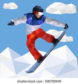 Snowboarder jumping through air with deep blue sky in background. Snowboard tricks vector