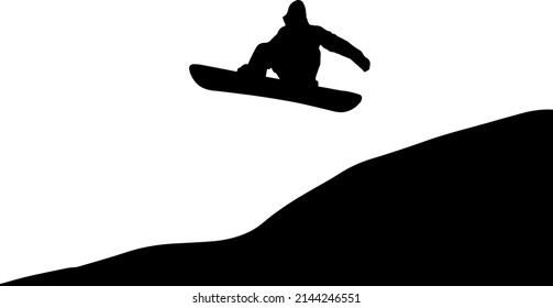 Snowboarder jumping through sky vector silhouette, skiing in winter, snowboard silhouette, black color isolated on white background, sport idea
