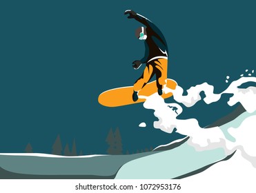 Snowboarder jumping vector illustration. Extreme sport concept.