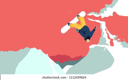 Snowboarder jumping vector illustration. Extreme sport concept.