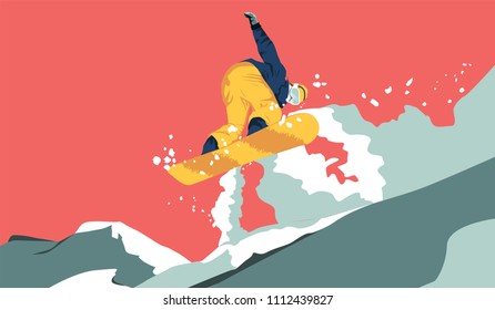 Snowboarder jumping vector illustration. Extreme sport concept.