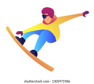 Snowboarder jumping vector illustration. Winter sport activity and winter holidays, extreme winter sport, snowboarding freestyle and snowboard rider concept. Isolated on white background.