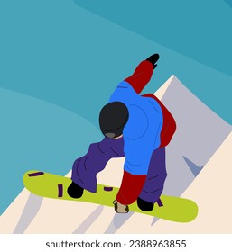 Snowboard saltando. Joven, tipo usando ropa de deporte de invierno montando tablero de nieve. Deporte de invierno extremo. Actividades al aire libre. Dibujo vectorial colorido con montañas en el fondo.