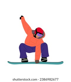 Snowboarder jumping. Young man wearing winter sport clothes riding snow board. Extreme winter sport. Outdoor holiday activity. Vector colorful illustration isolated on white background.