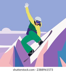 Snowboarder jumping. Young man, woman wearing winter sport clothes riding snow board. Extreme winter sport. Outdoor holiday activity. Vector illustration with mountains on the background.