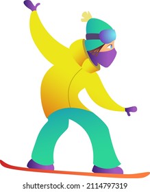 Snowboarder keeps his balance and rolls on snowboard in bright ski suit, goggles, hat and balaclava. Active sport.