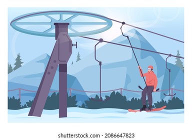 Snowboarder lifting up with surface lift. Winter ski resort, ski and snowboarding paths with ski lift. Snowy hills and forest scenery. December freezing weather. Flat vector illustration