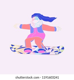 Snowboarder with long and blue hair doing an extreme sport. A woman in colourful sport costume jumping on a snowboard. Vector illustration of winter activity.
