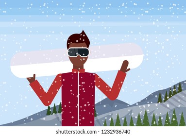Snowboarder man hold snowboard mountain fir tree forest landscape background male cartoon character portrait flat horizontal vector illustration
