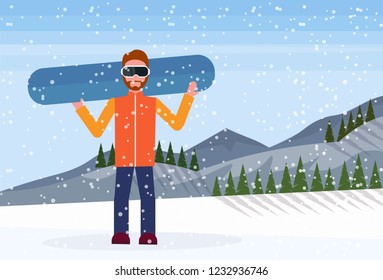 Snowboarder man hold snowboard snowy mountain fir tree forest landscape background male cartoon character full length flat horizontal vector illustration