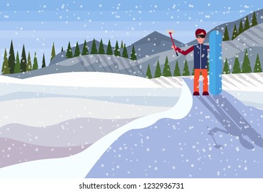 Snowboarder man hold snowboard taking selfie snowy mountain fir tree forest landscape background male cartoon character full length flat horizontal vector illustration