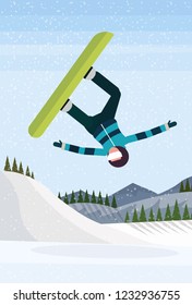 Snowboarder man jumping snowy mountain fir tree forest landscape background sportsman snowboarding winter vacation flat vertical vector illustration