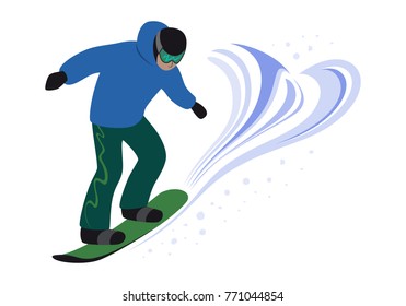 Snowboarder man riding and jump. Snowboarding freestyle, extreme winter sport, winter activity, snowboard, snow boarder jumping. Vector Illustration isolated on white background.