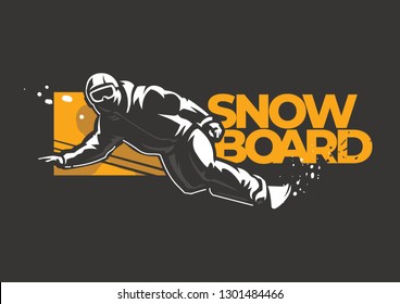 Snowboarder man riding on slope. Winter sport label on the dark background