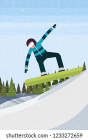 Snowboarder man sliding down snowy mountain fir tree forest landscape background sportsman snowboarding winter vacation flat vertical vector illustration
