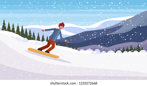 Snowboarder man sliding down snowy mountain fir tree forest landscape background sportsman snowboarding winter vacation flat horizontal vector illustration
