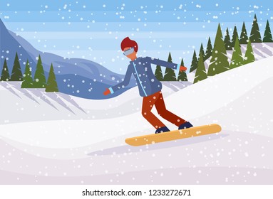Snowboarder man sliding down snowy mountain fir tree forest landscape background sportsman snowboarding winter vacation flat horizontal vector illustration