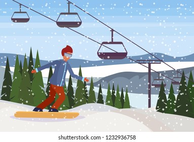 snowboarder man sliding down winter snowy mountain fir tree forest landscape cable car background ski resort horizontal flat vector illustration