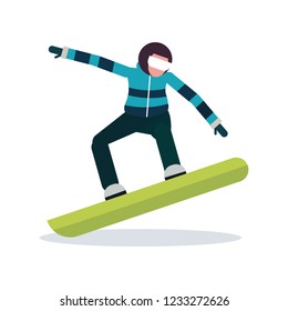 Snowboarder man sliding down winter sport activities guy wearing goggles male carton character sportsman snowboarding full length profile flat isolated vector illustration