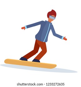 Snowboarder man sliding down winter sport activities guy wearing goggles male carton character sportsman snowboarding full length flat isolated vector illustration
