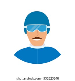 Snowboarder man  in sports winter clothes. The athlete's icon in a helmet for a snowboard and points and with moustaches.Winter equipment for skiing.Healthy lifestyle.
