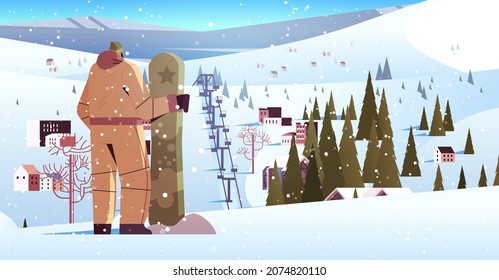 snowboarder man standing with snowboard sportsman snowboarding doing activities winter vacation concept