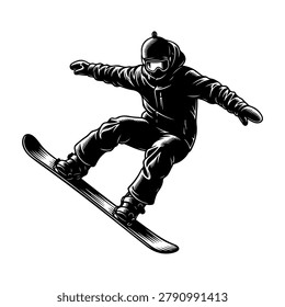 A snowboarder in mid-air, executing a jump with their snowboard. The image captures the thrill of winter sports.