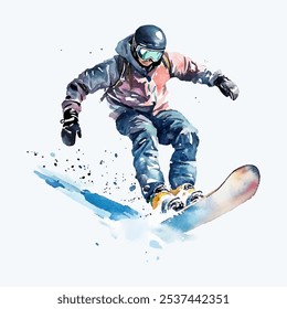 snowboarder em pleno ar, apresentando cores vibrantes e movimento energético. Perfeito para promoções de esportes de inverno, projetos temáticos de aventura e conteúdo de estilo de vida ativo.